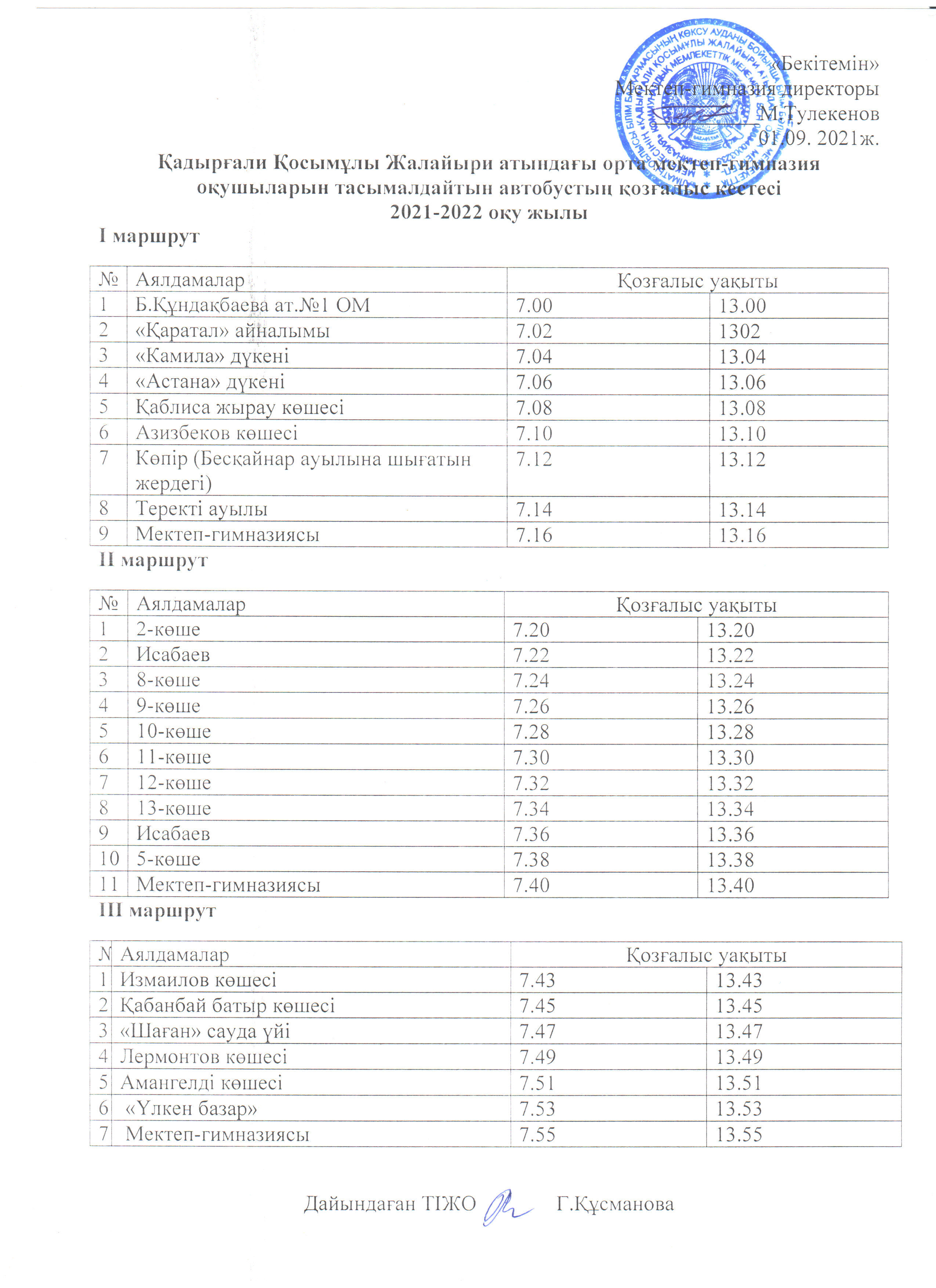 Мектеп-гимназия оқушыларын тасымалдайтын автобустың қозғалыс кестесі