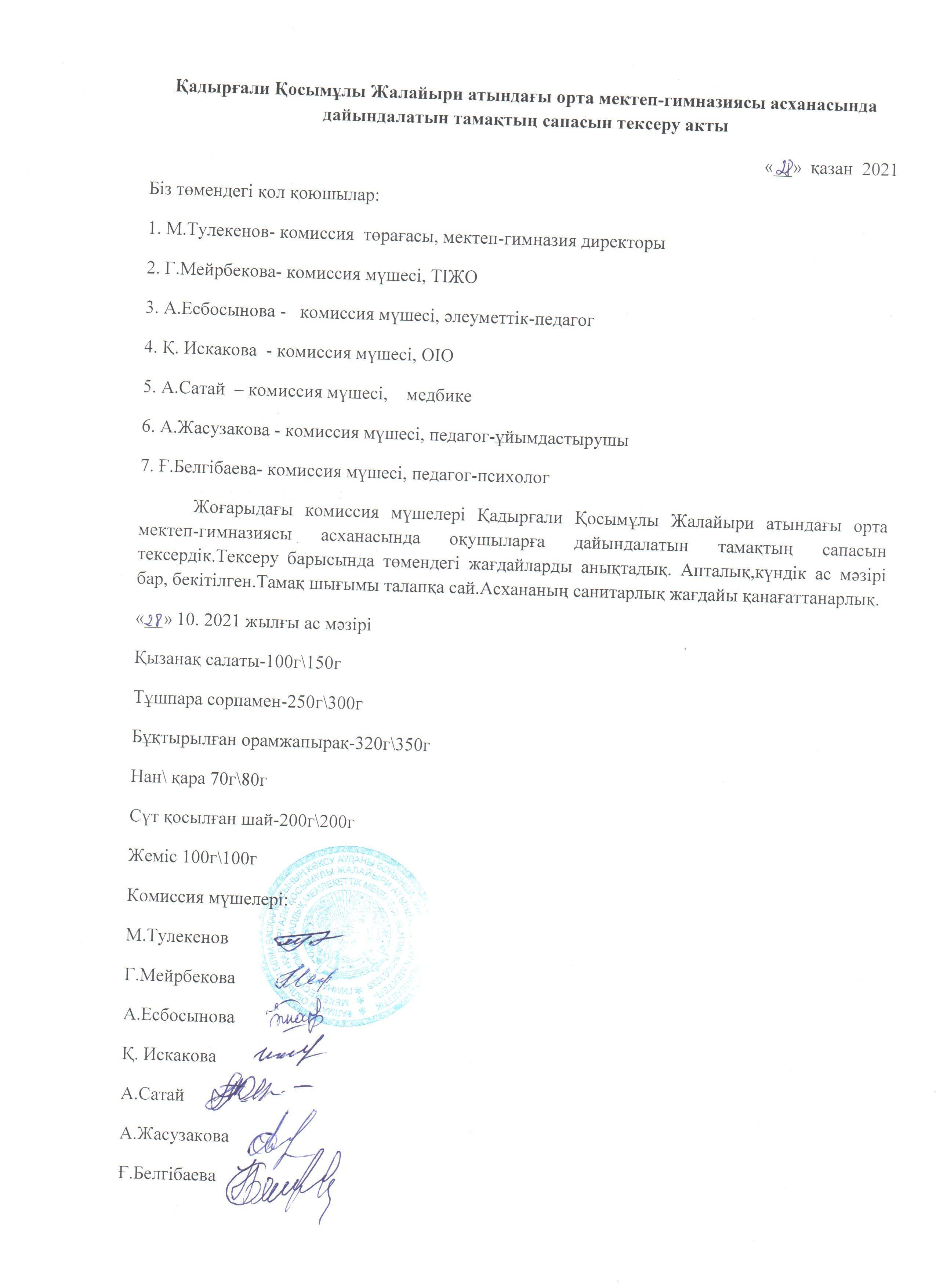 Тамақтың сапасын тексеру актімі мен хаттамасы