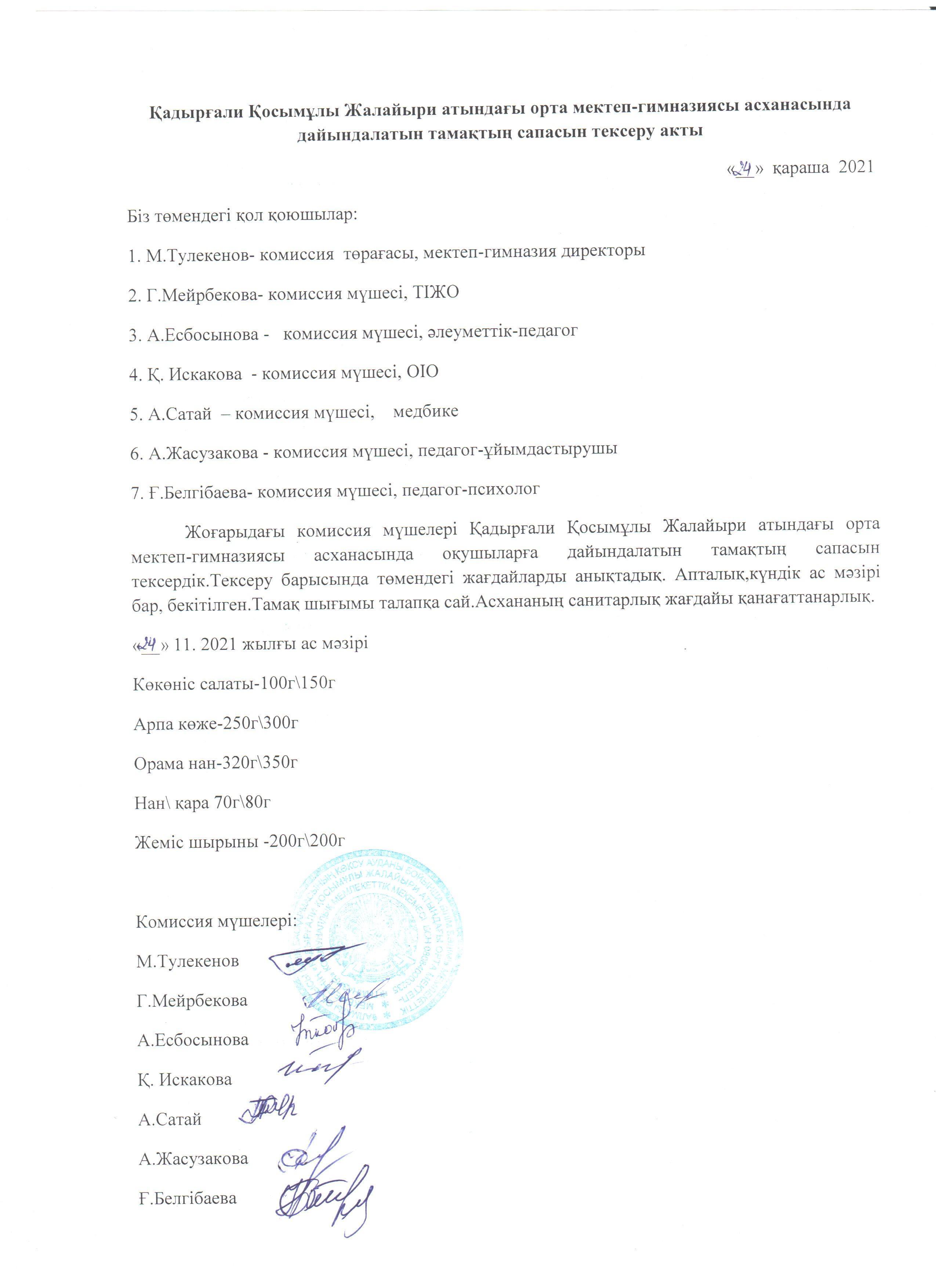 Тамақтың сапасын тексеру актісі мен хаттамасы