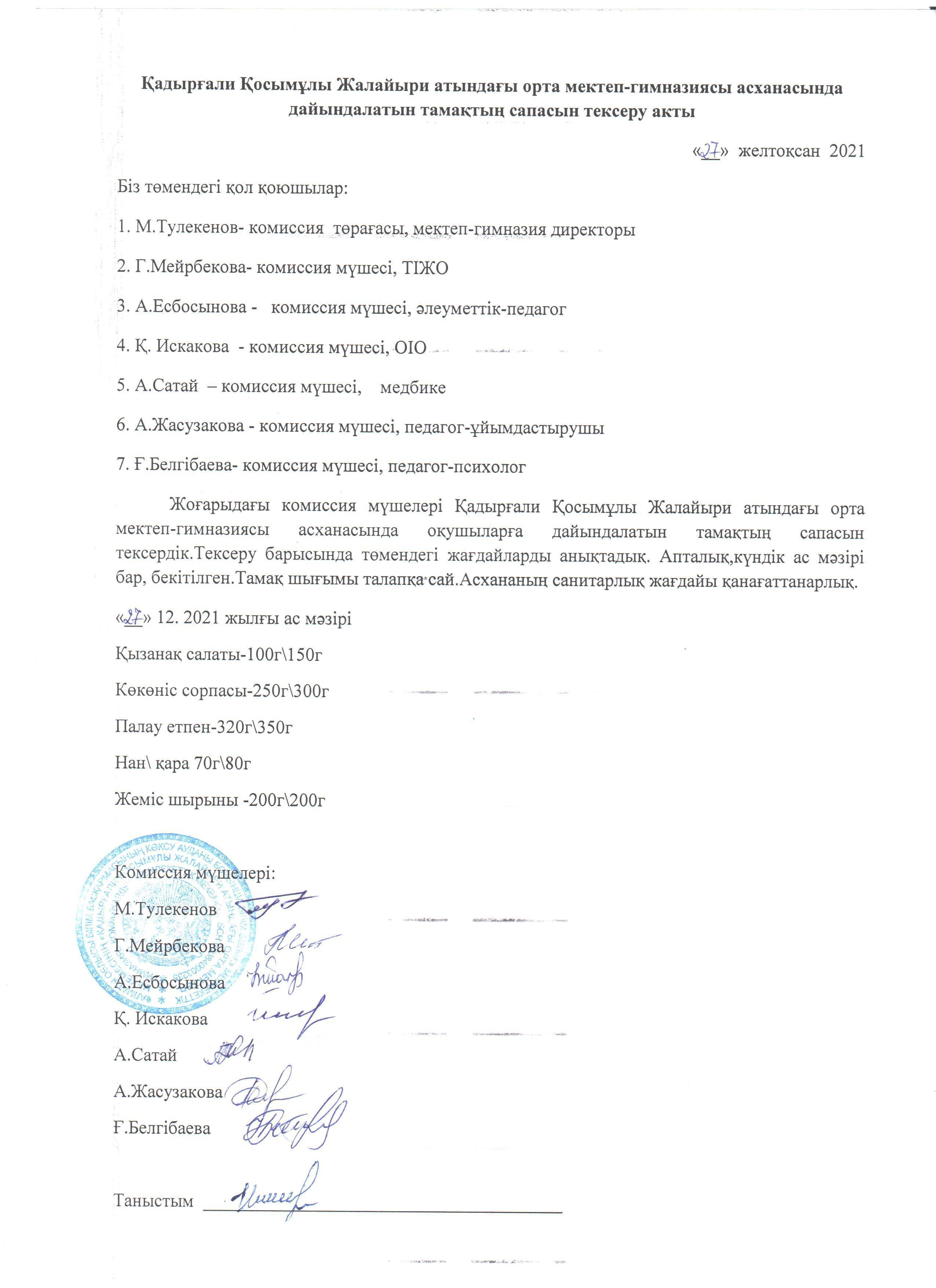 Тамақтың сапасын тексеру актісі мен хаттамасы