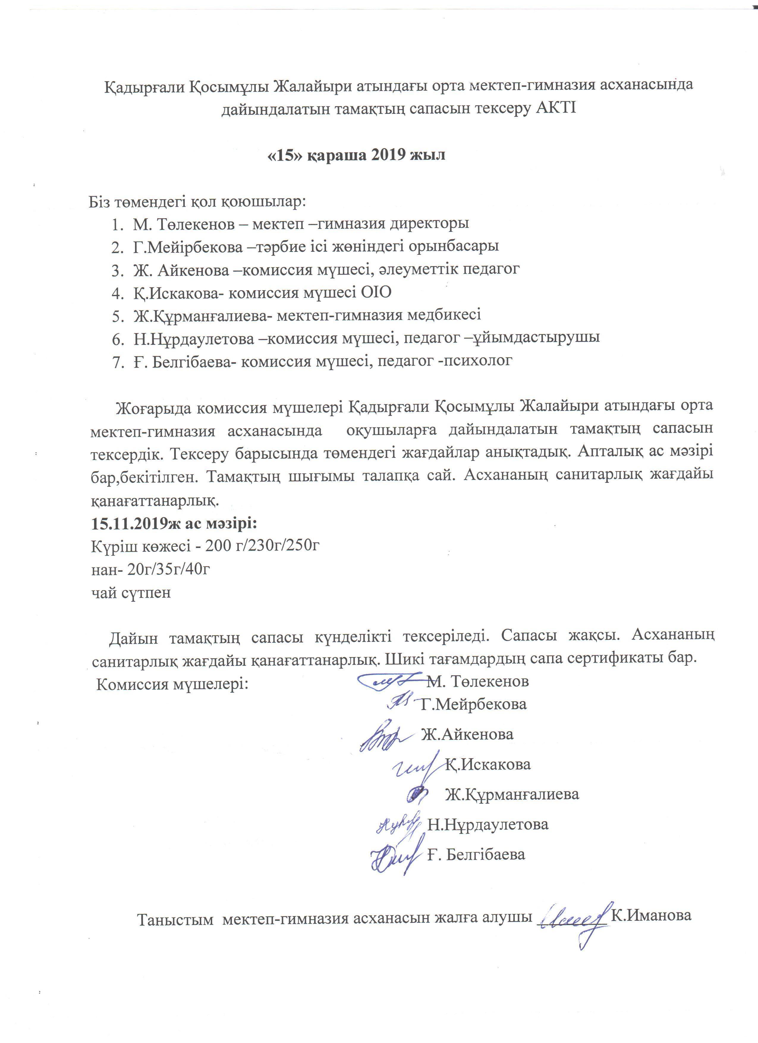 Тамақтың сапасын тексеру актісі мен хаттамасы