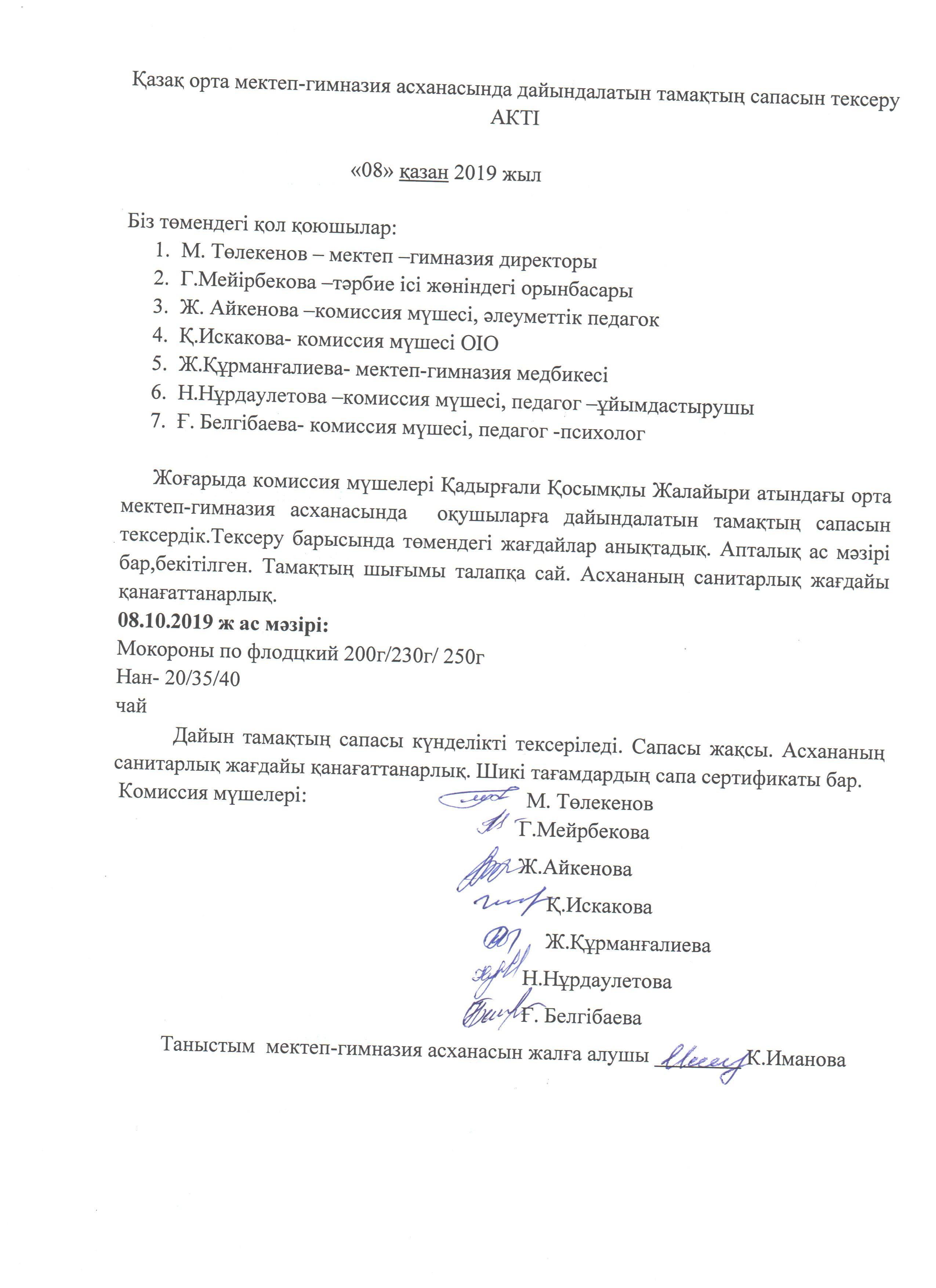 Тамақтың сапасын тексеру актісі мен хаттамасы