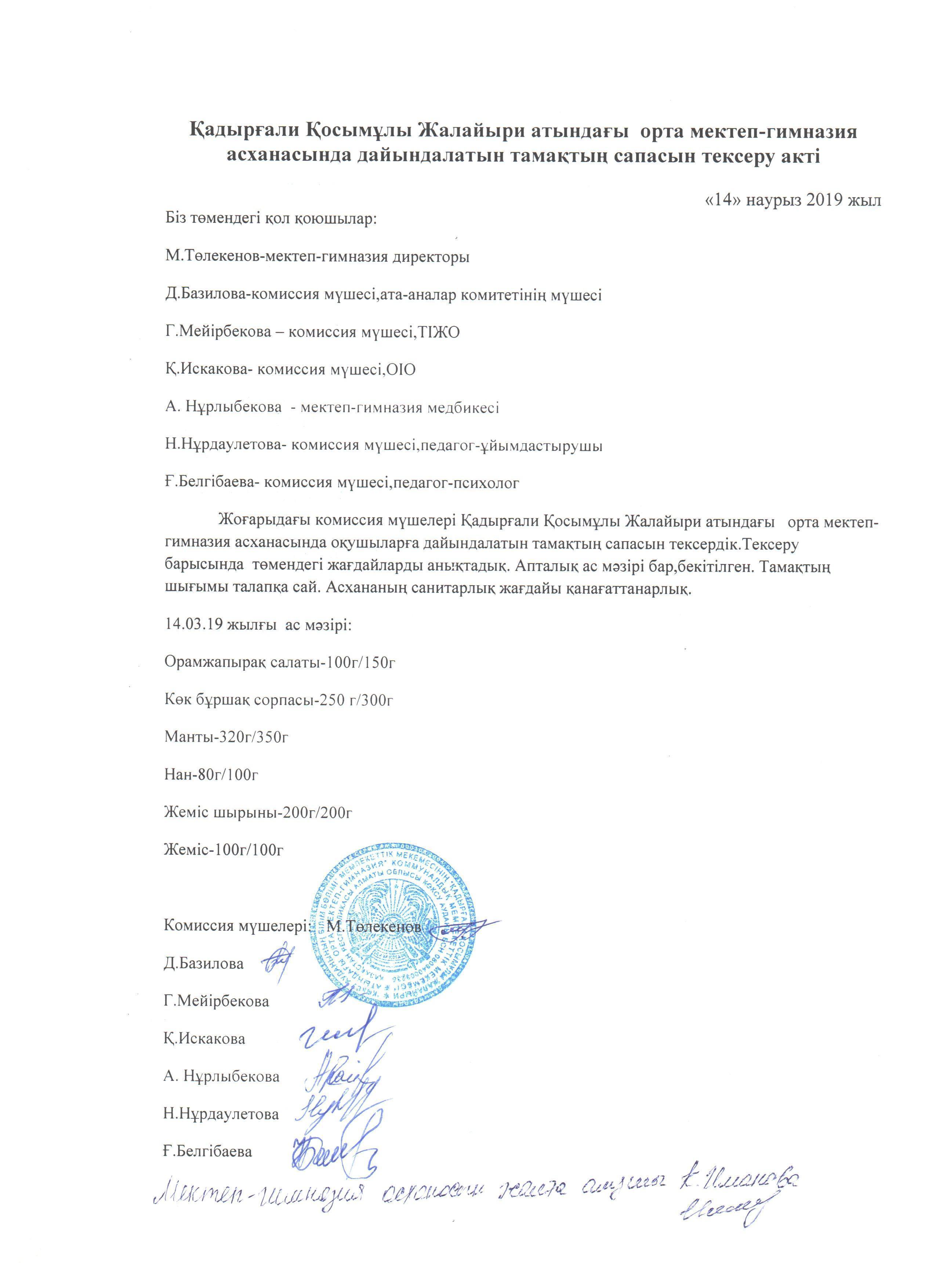 Тамақтың  сапасын тексеру актісі мен хаттамасы