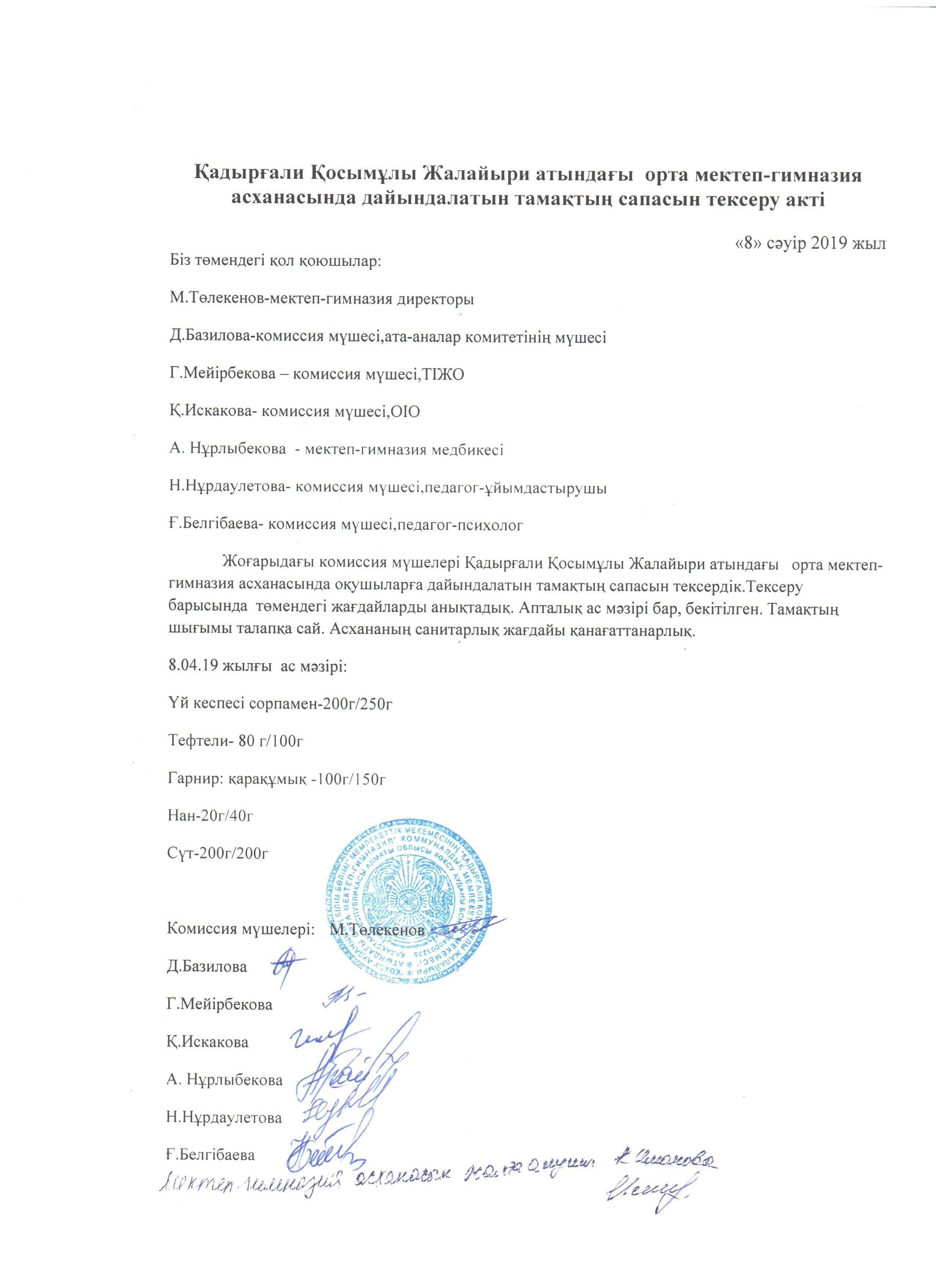 Тамақтың сапасын тексеру актісі мен хаттамасы