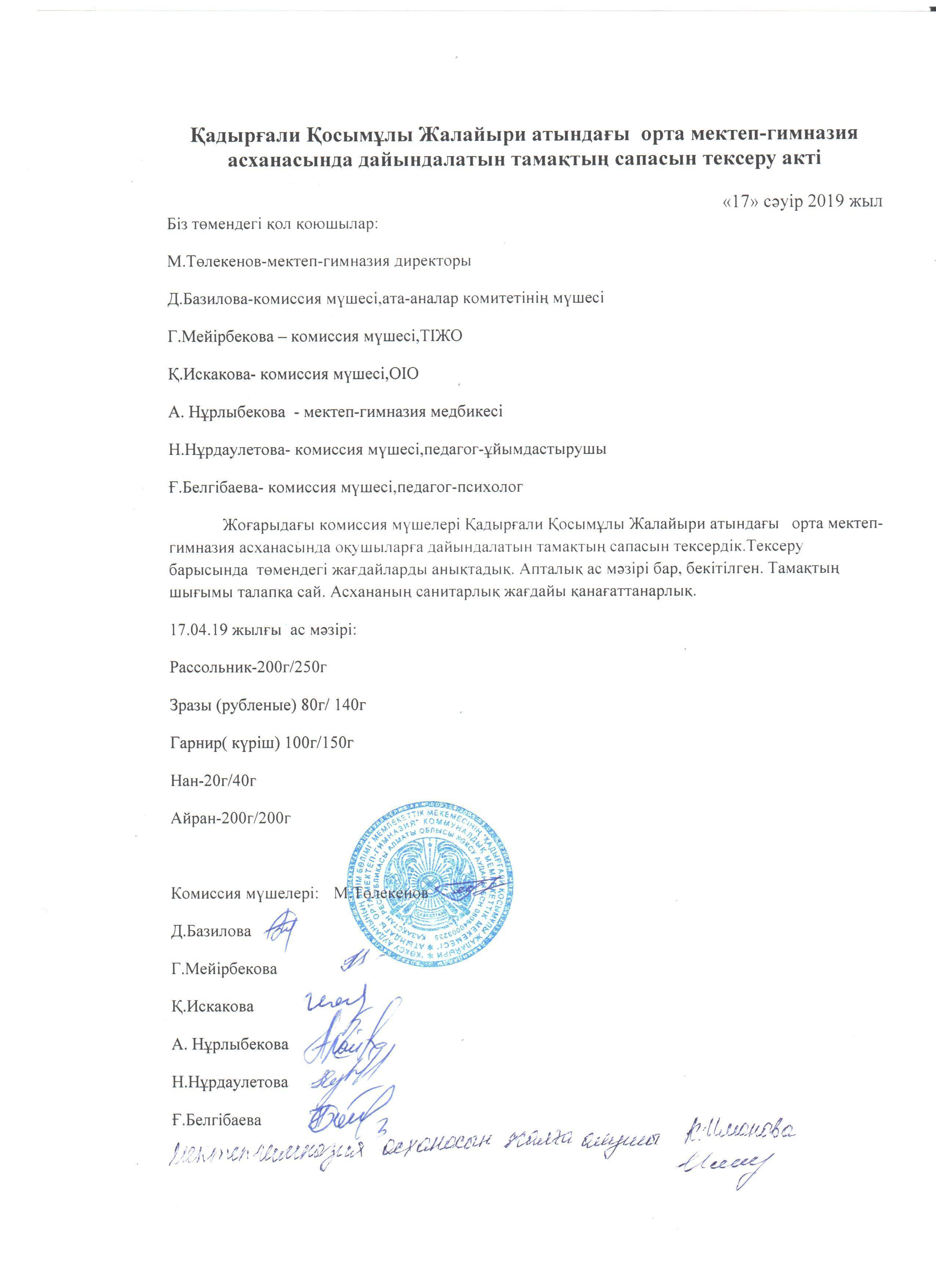 Тамақтың сапасын тексеру актісі мен хаттамасы