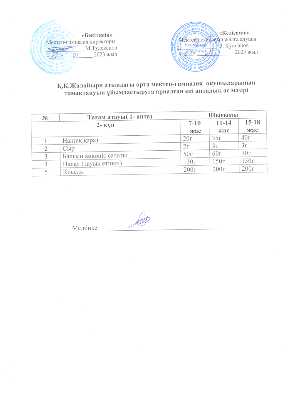 1- апта Сейсенбі. Ас мәзірі