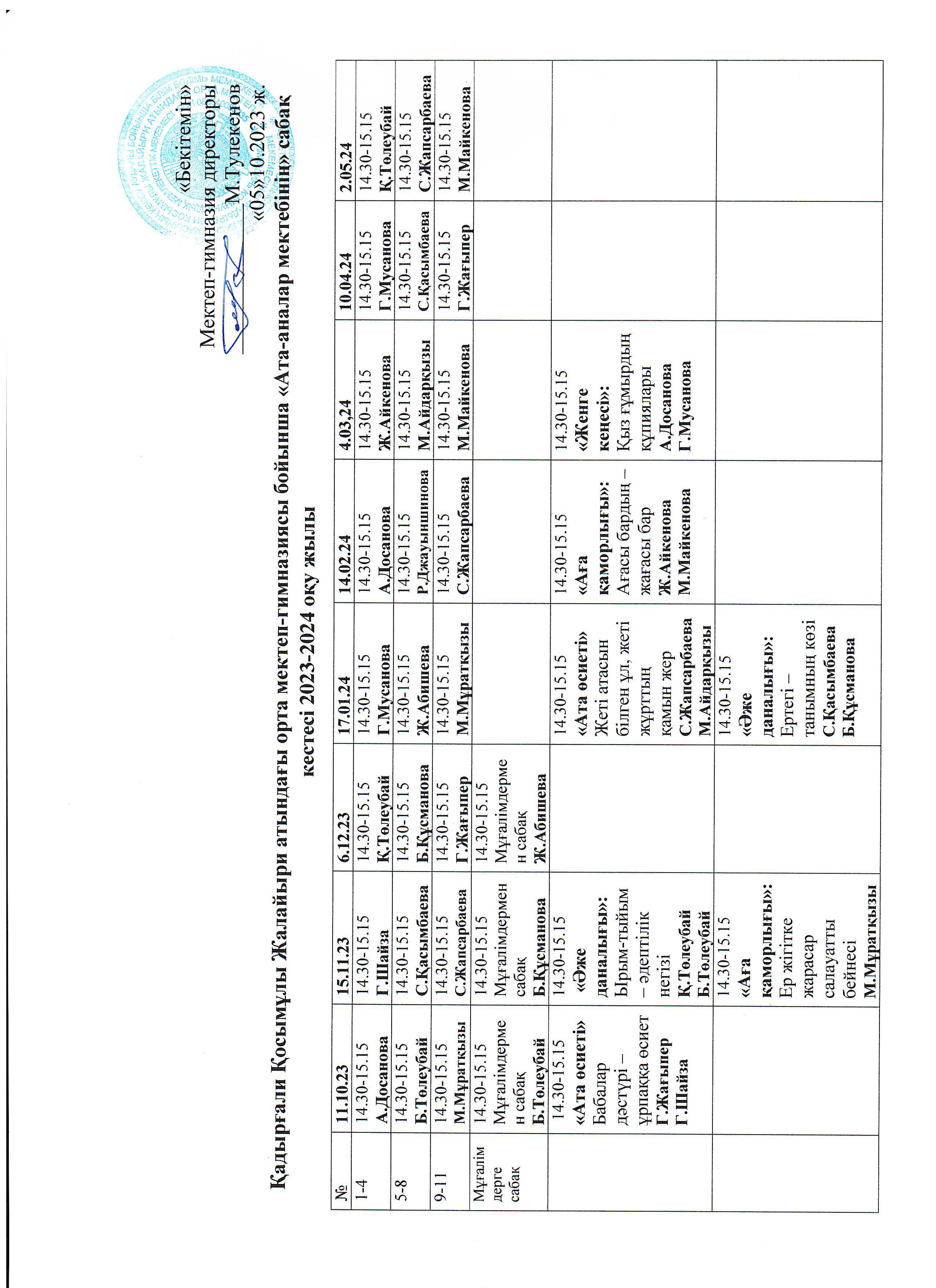 "Сана" ата-аналар мектебінің сабақ кестесі
